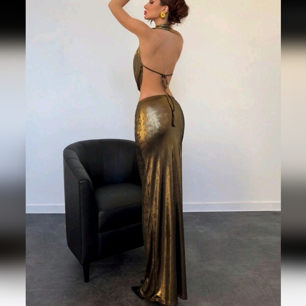 Party Halter Deep Draped Neck Backless Crop Top + Low-Waist H-Line Long Skirt - Picture 3 of 5